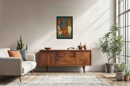 Living Room Sofa Preview of Divine Protector – Govardhangiri Krishna Mural Painting in Black Color Frame
