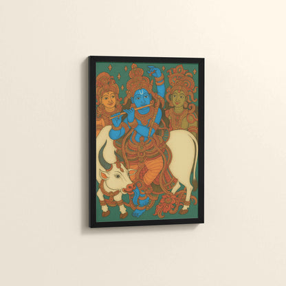 Side View of Divine Protector – Govardhangiri Krishna Mural Painting in Black Color Frame