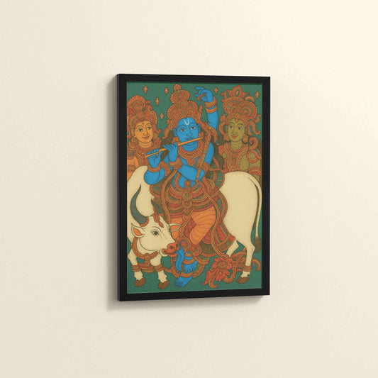 Side View of Divine Protector – Govardhangiri Krishna Mural Painting in Black Color Frame