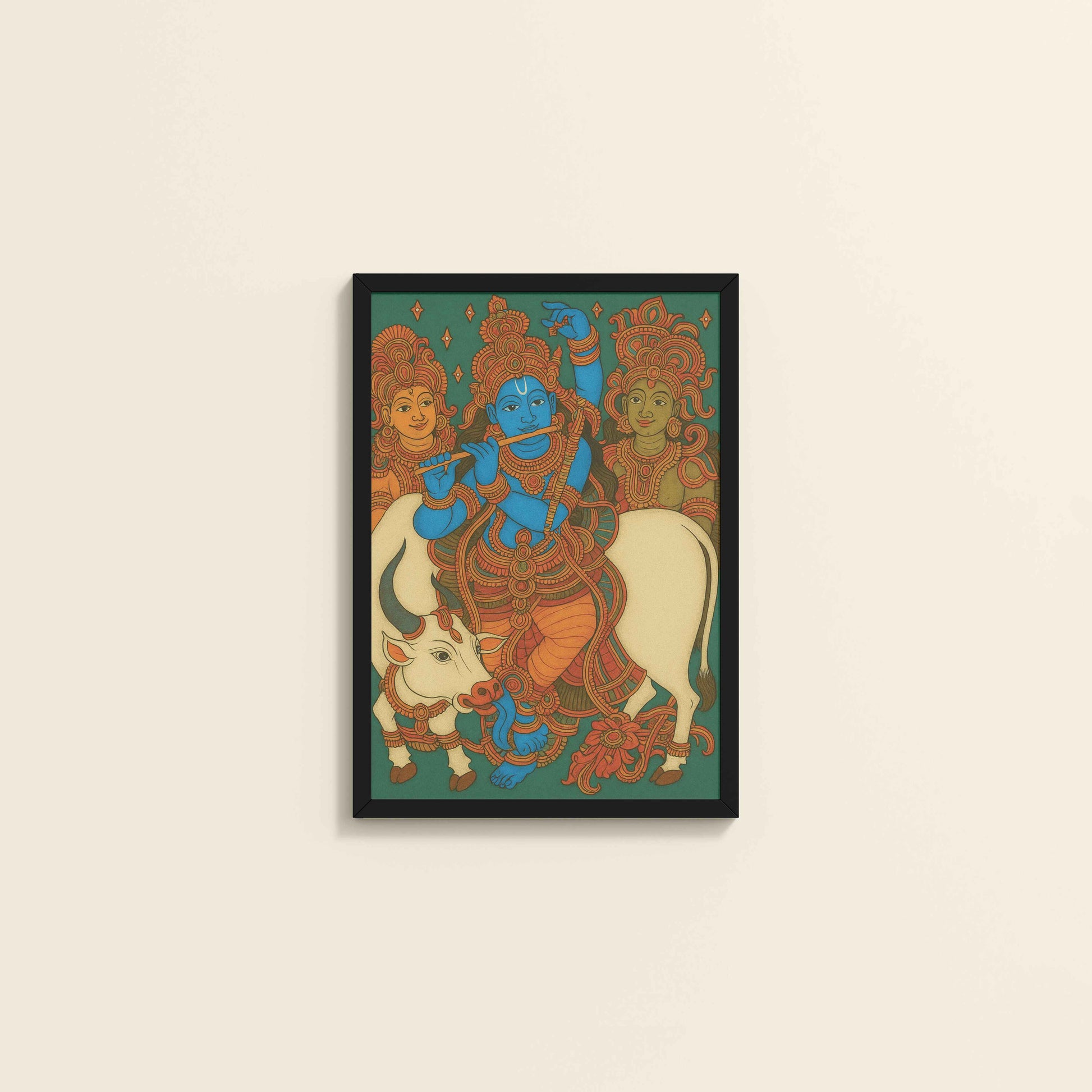 Wall View of Divine Protector – Govardhangiri Krishna Mural Painting in Black Color Frame