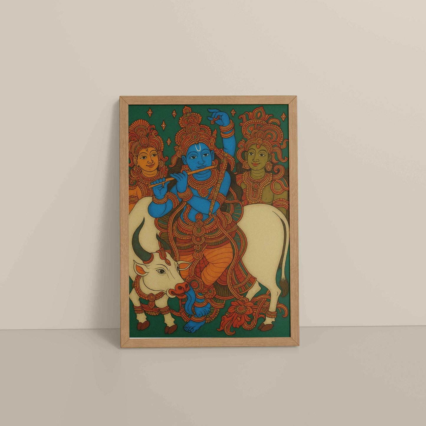Floor View of Divine Protector – Govardhangiri Krishna Mural Painting in Natrual Color Frame