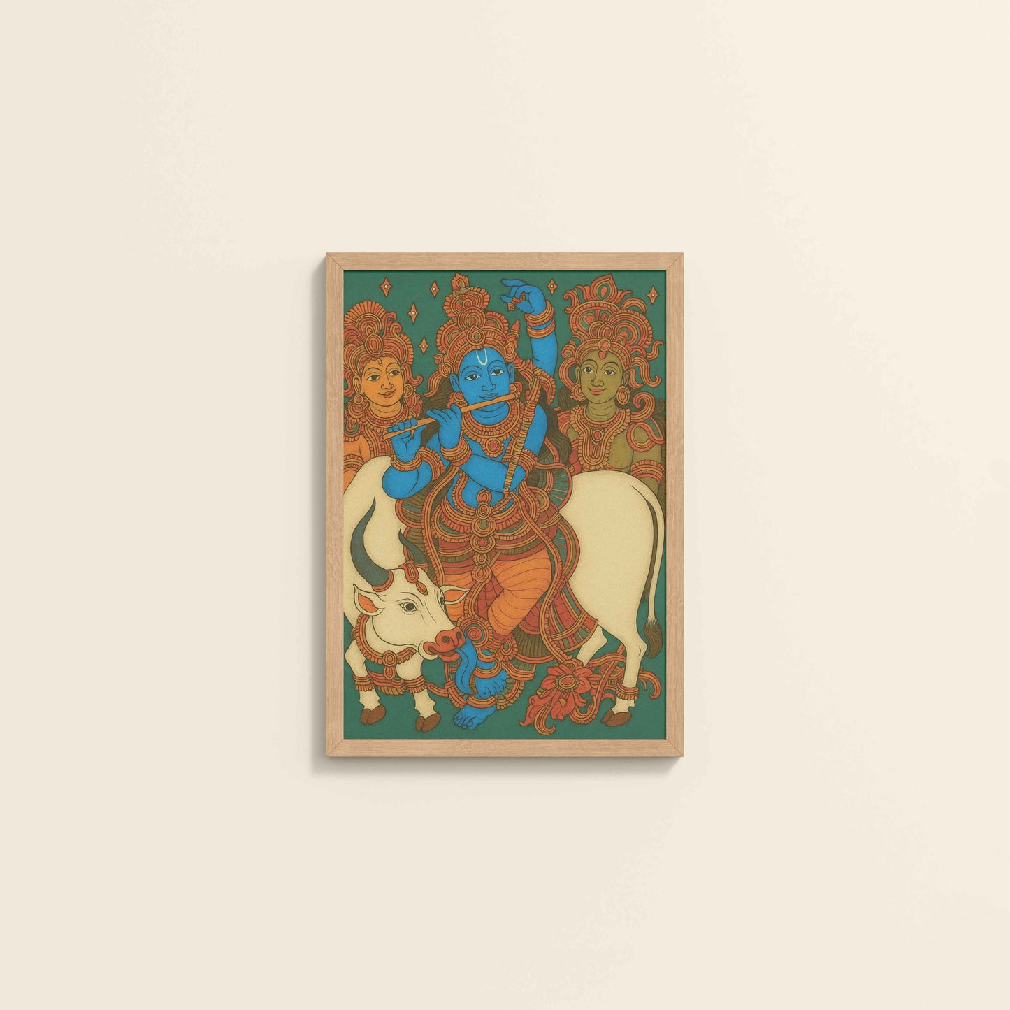 Wall View of Divine Protector – Govardhangiri Krishna Mural Painting in Natrual Color Frame