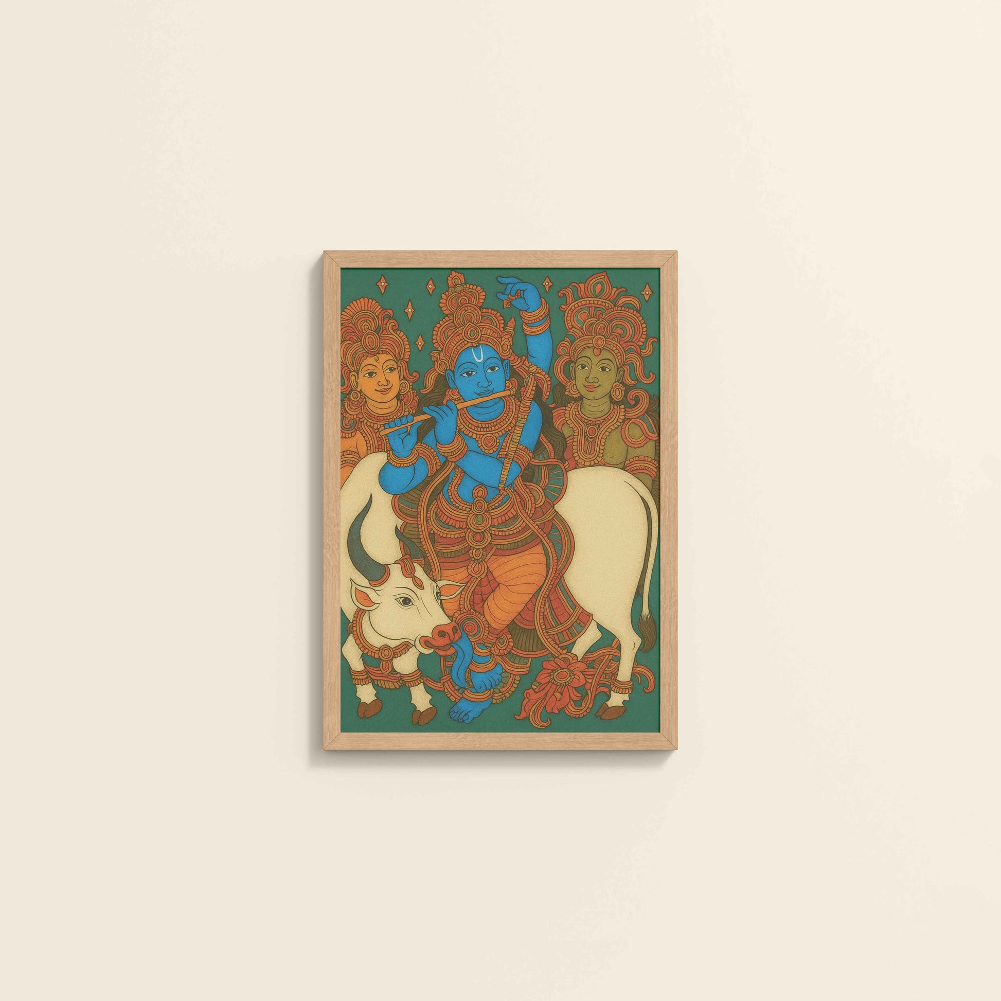 Wall View of Divine Protector – Govardhangiri Krishna Mural Painting in Natrual Color Frame