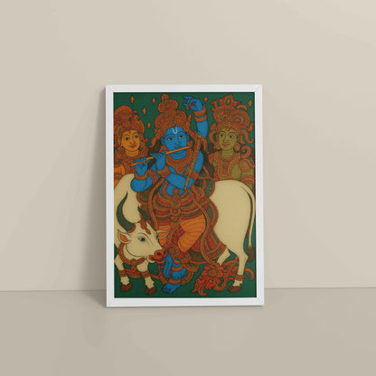 Floor View of Divine Protector – Govardhangiri Krishna Mural Painting in White Color Frame