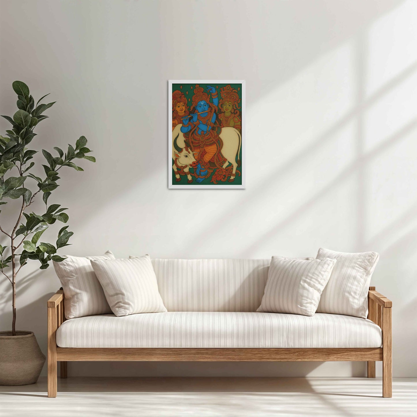 Living Room Cabinet Table Preview of Divine Protector – Govardhangiri Krishna Mural Painting in White Color Frame
