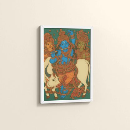 Side View of Divine Protector – Govardhangiri Krishna Mural Painting in White Color Frame