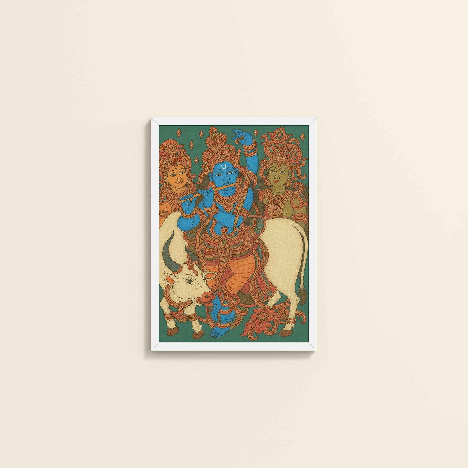 Wall View of Divine Protector – Govardhangiri Krishna Mural Painting in White Color Frame