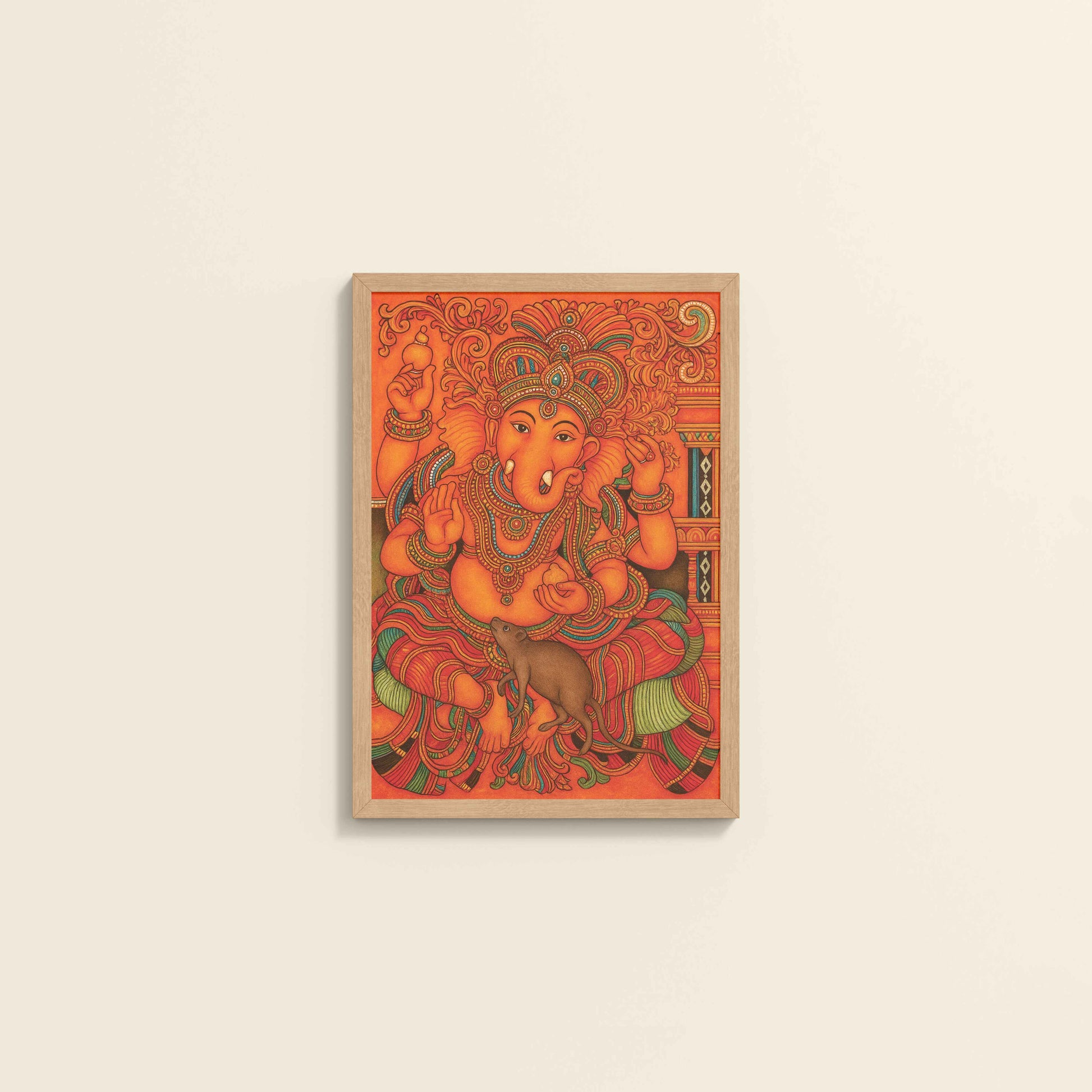 Wall View of Blessings of Ganesha – Kerala Mural Wall Art & Decor in Natrual Color Frame