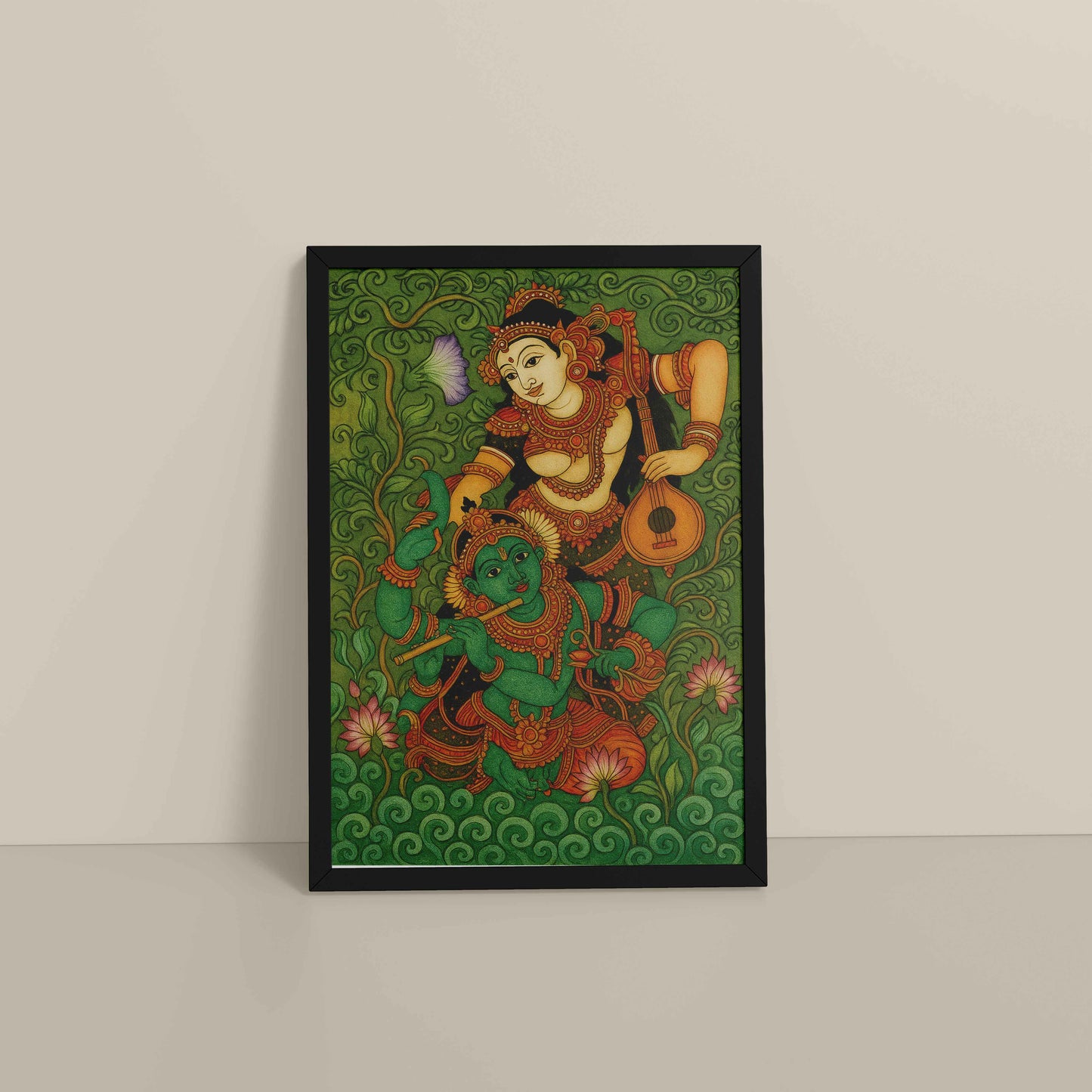 Floor View of Eternal Love – Radha Krishna Kerala Mural Art in Black Color Frame