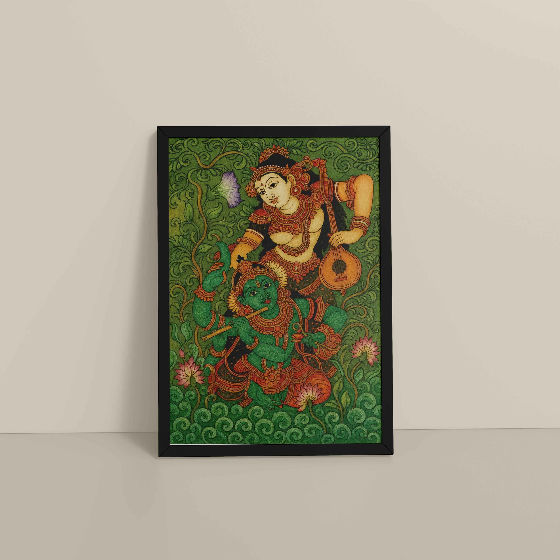 Floor View of Eternal Love – Radha Krishna Kerala Mural Art in Black Color Frame