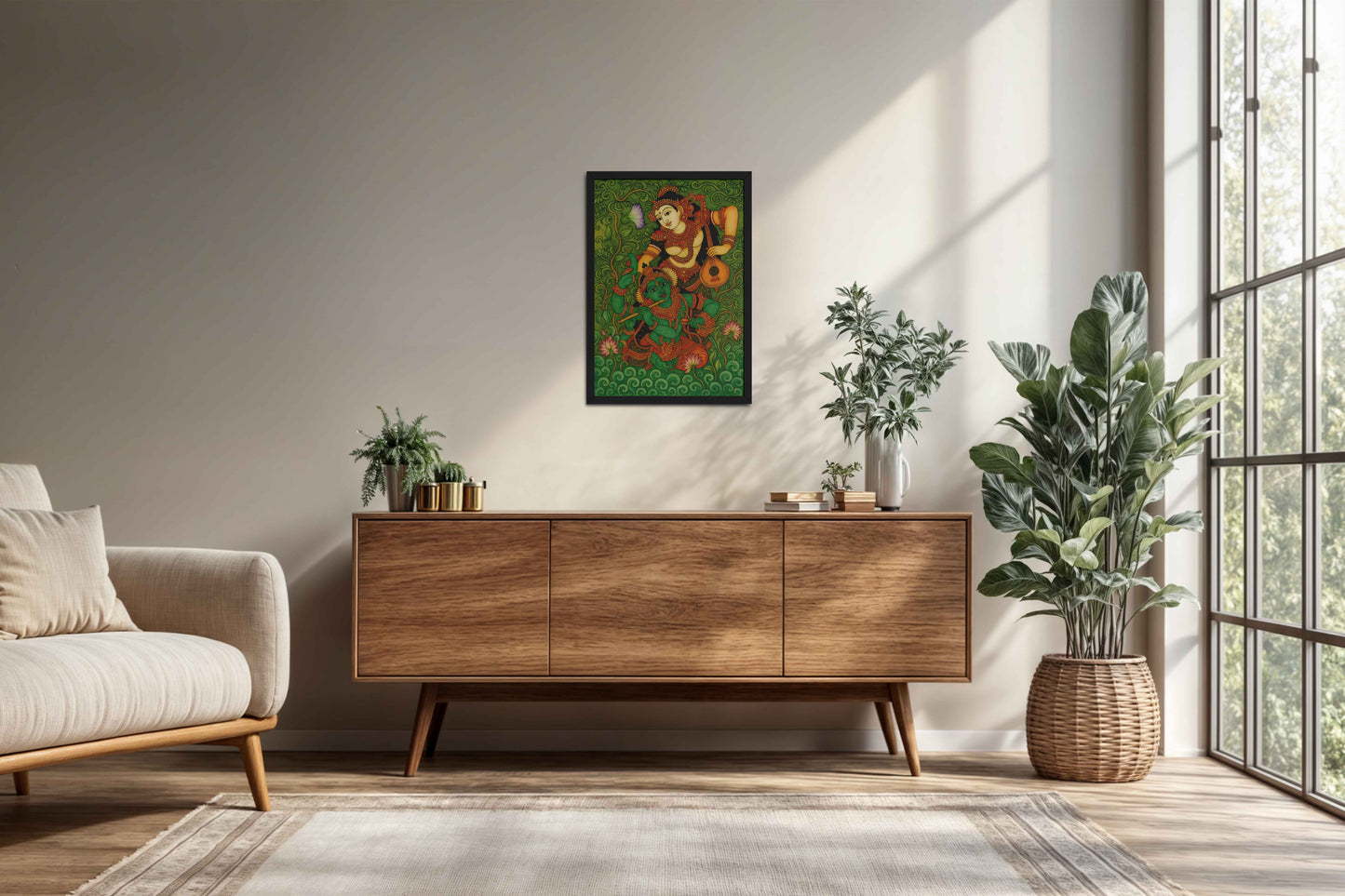 Living Room Cabinet Preview of Eternal Love – Radha Krishna Kerala Mural Art in Black Color Frame