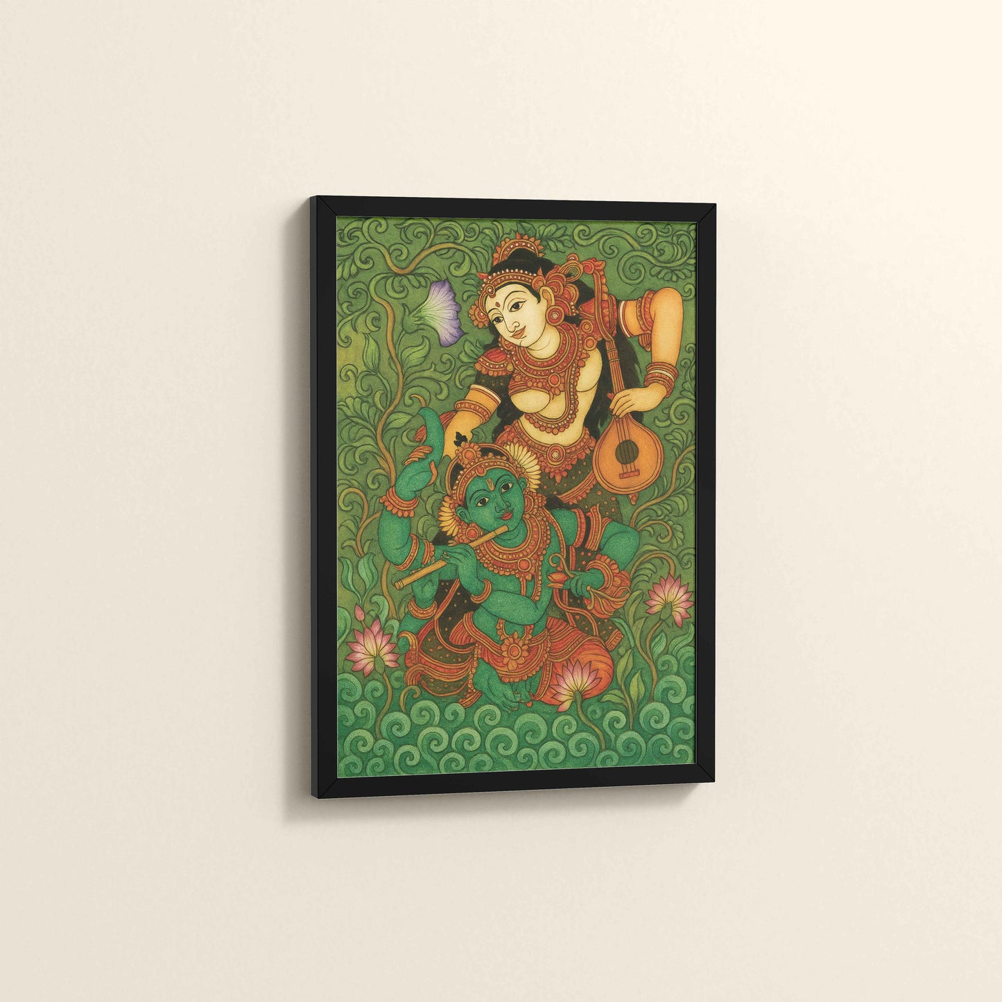 Side View of Eternal Love – Radha Krishna Kerala Mural Art in Black Color Frame