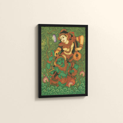 Side View of Eternal Love – Radha Krishna Kerala Mural Art in Black Color Frame