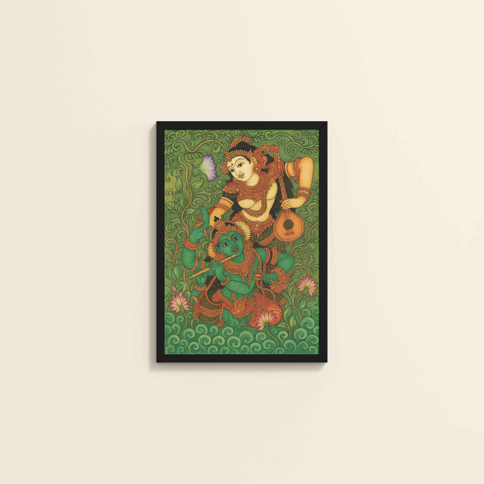 Wall View of Eternal Love – Radha Krishna Kerala Mural Art in Black Color Frame
