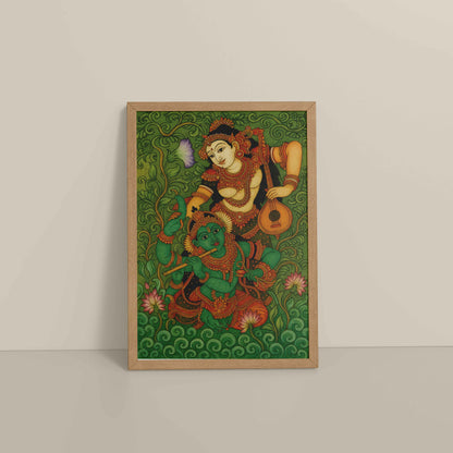 Floor View of Eternal Love – Radha Krishna Kerala Mural Art in Natrual Color Frame