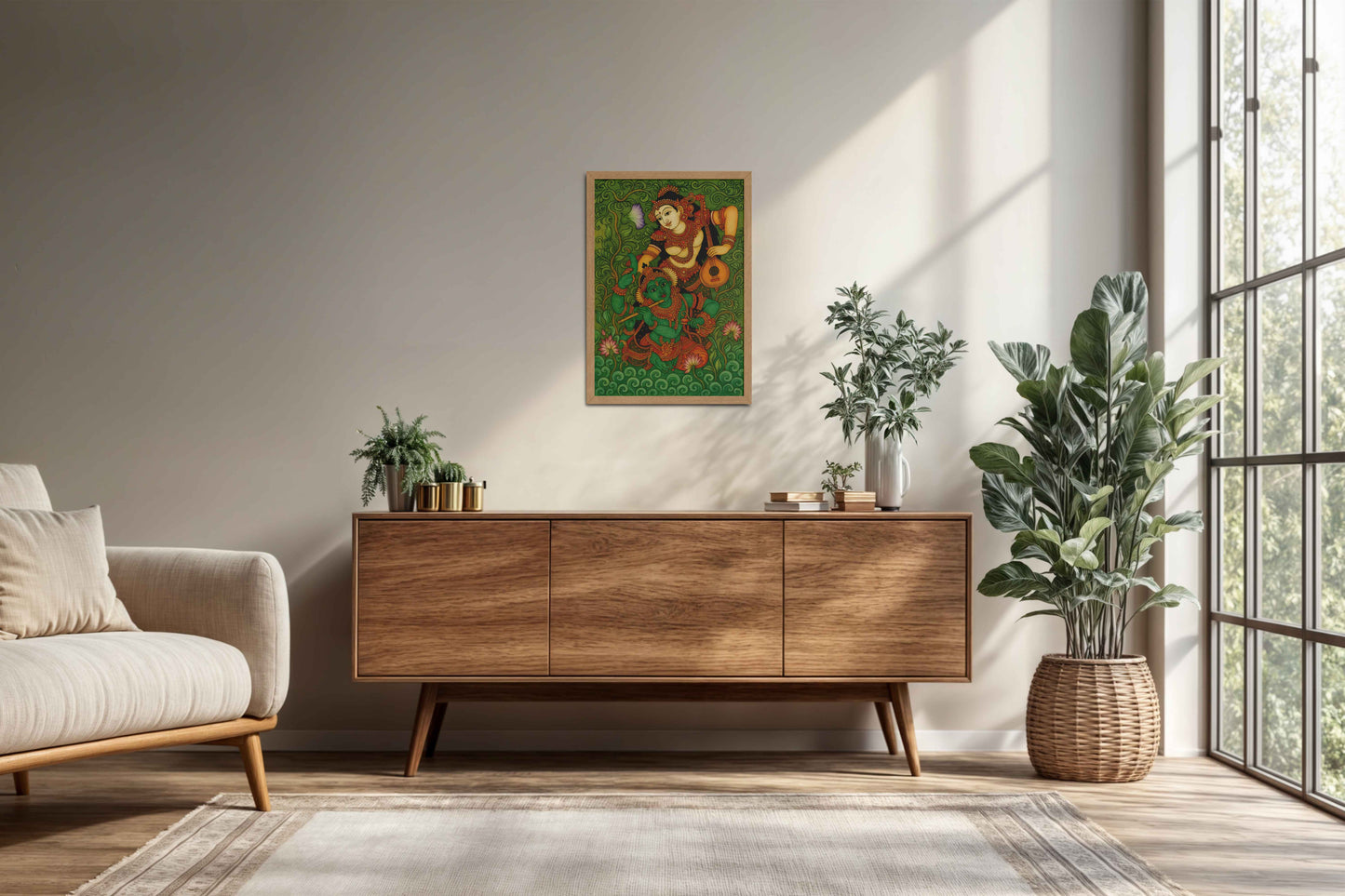 Living Room Cabinet Preview of Eternal Love – Radha Krishna Kerala Mural Art in Natrual Color Frame