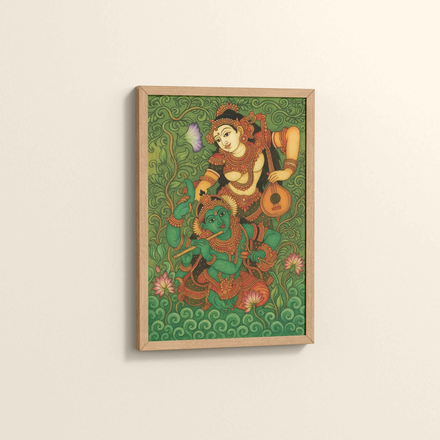 Side View of Eternal Love – Radha Krishna Kerala Mural Art in Natrual Color Frame