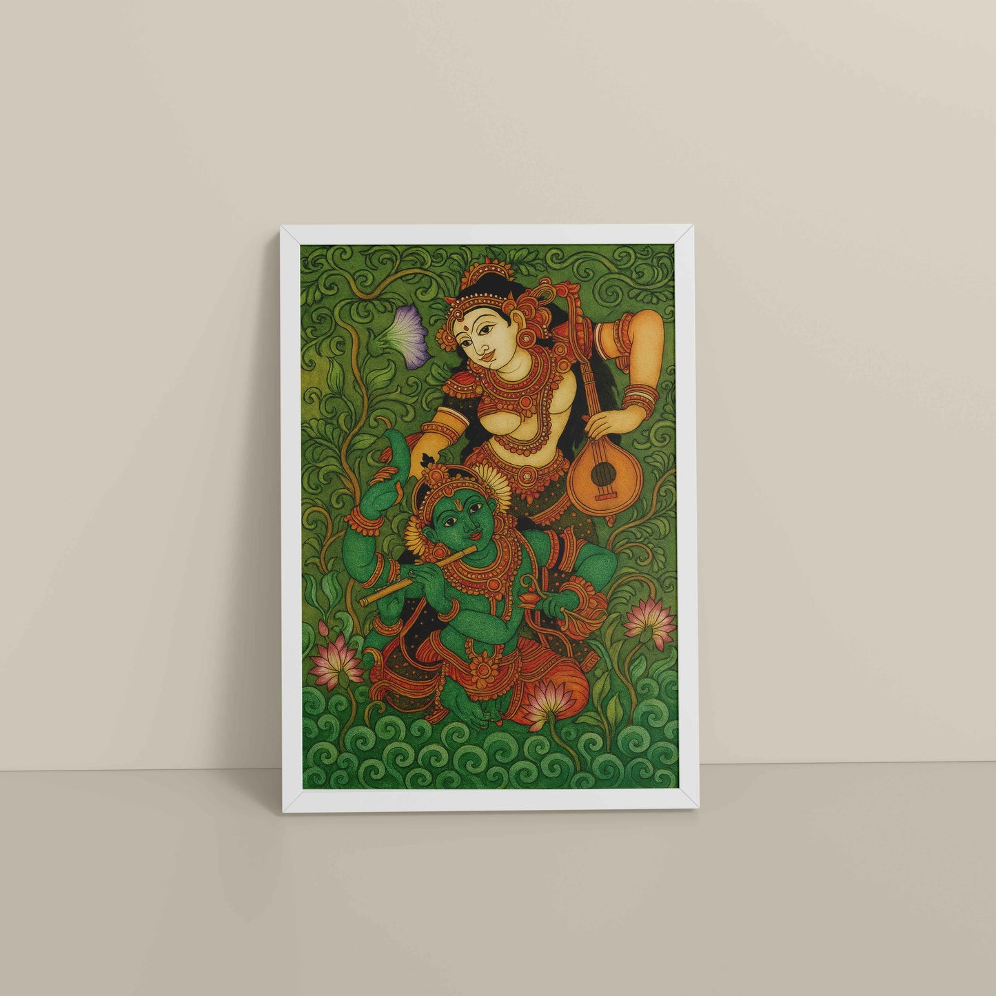 Floor View of Eternal Love – Radha Krishna Kerala Mural Art in White Color Frame