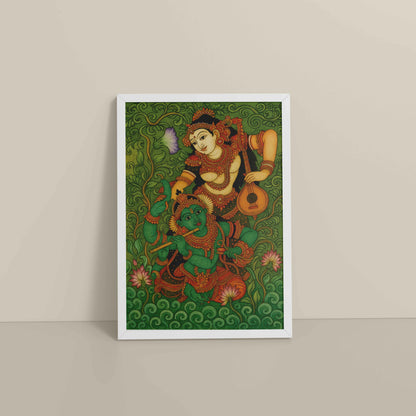 Floor View of Eternal Love – Radha Krishna Kerala Mural Art in White Color Frame