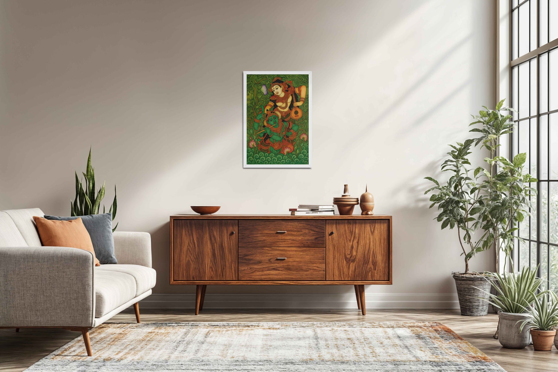 Living Room Sofa Preview of Eternal Love – Radha Krishna Kerala Mural Art in White Color Frame