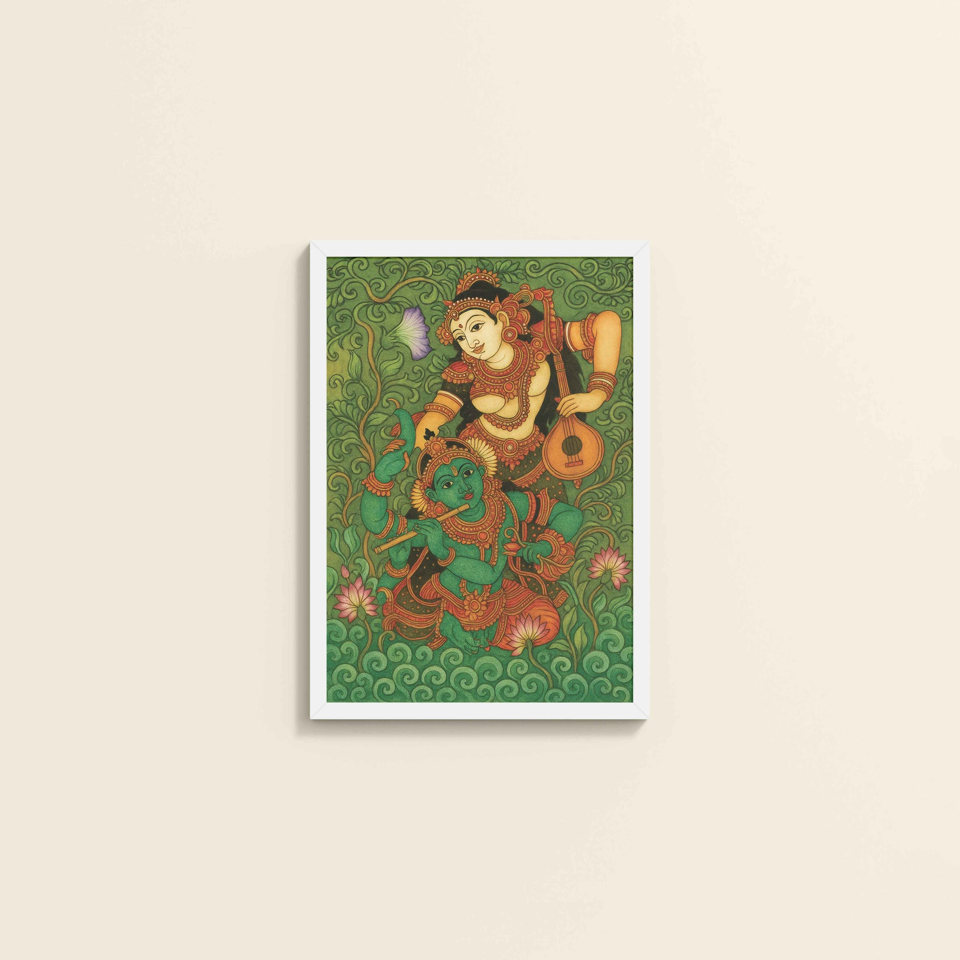 Wall View of Eternal Love – Radha Krishna Kerala Mural Art in White Color Frame