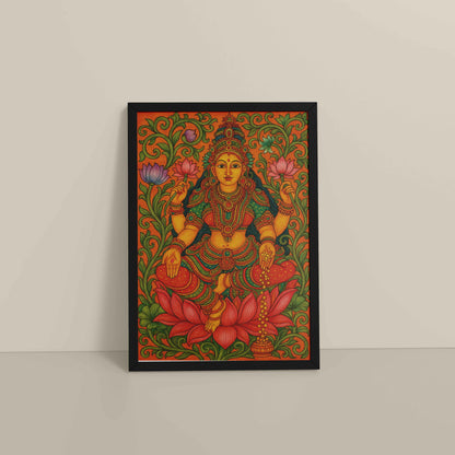 Floor View of Goddess Lakshmi – Kerala Mural Art and Wall Decor in Black Color Frame