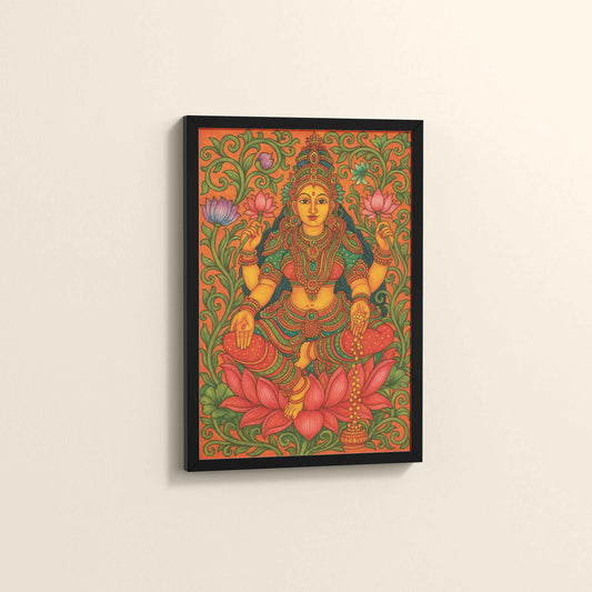 Side View of Goddess Lakshmi – Kerala Mural Art and Wall Decor in Black Color Frame