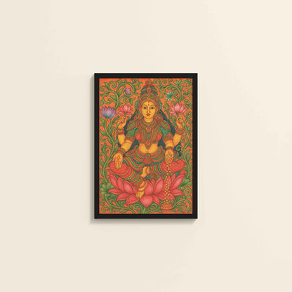 Wall View of Goddess Lakshmi – Kerala Mural Art and Wall Decor in Black Color Frame