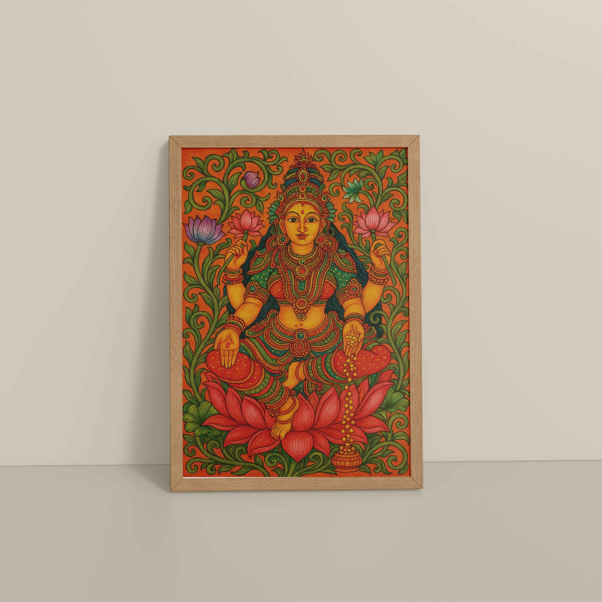 Floor View of Goddess Lakshmi – Kerala Mural Art and Wall Decor in Natrual Color Frame