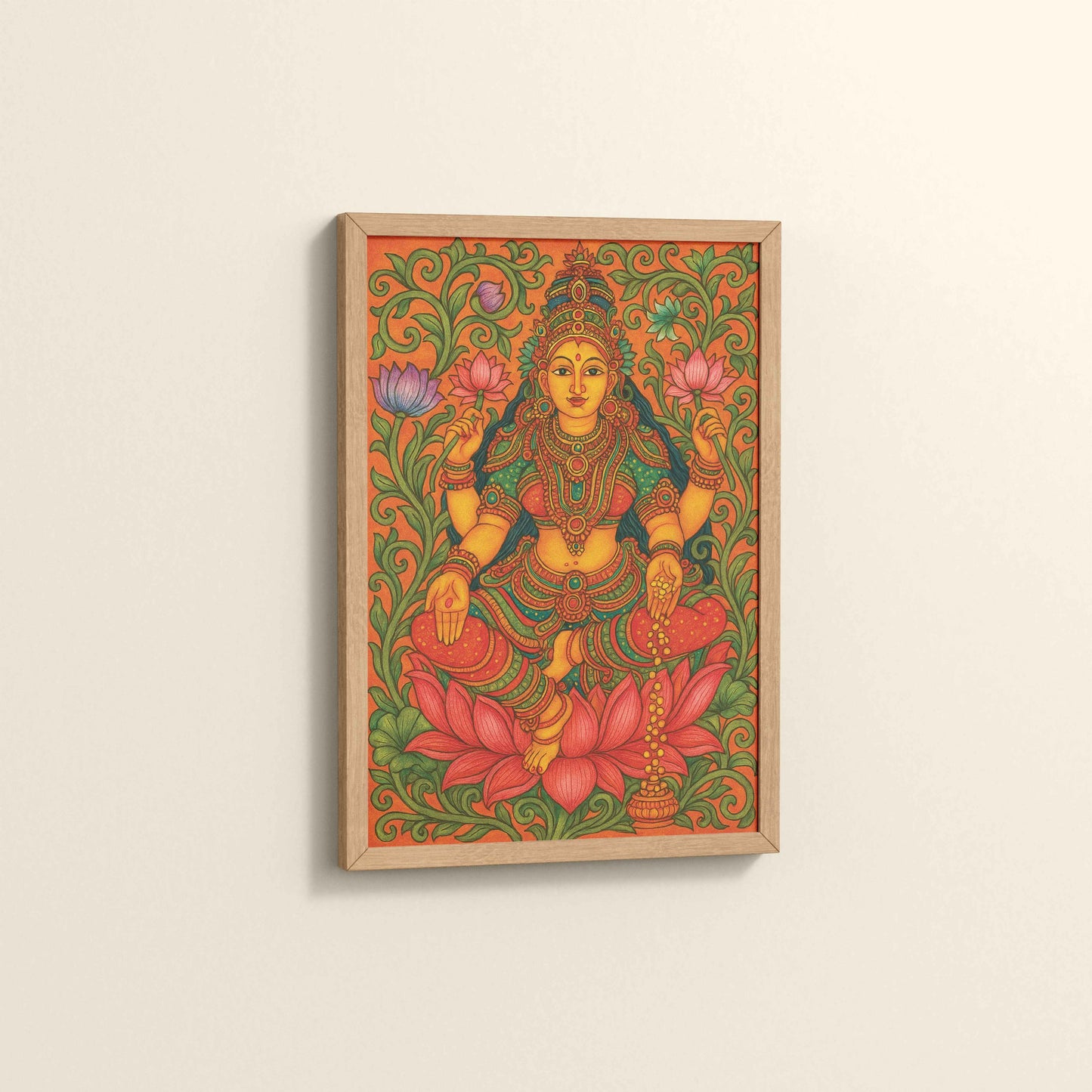 Side View of Goddess Lakshmi – Kerala Mural Art and Wall Decor in Natrual Color Frame