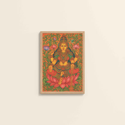 Wall View of Goddess Lakshmi – Kerala Mural Art and Wall Decor in Natrual Color Frame