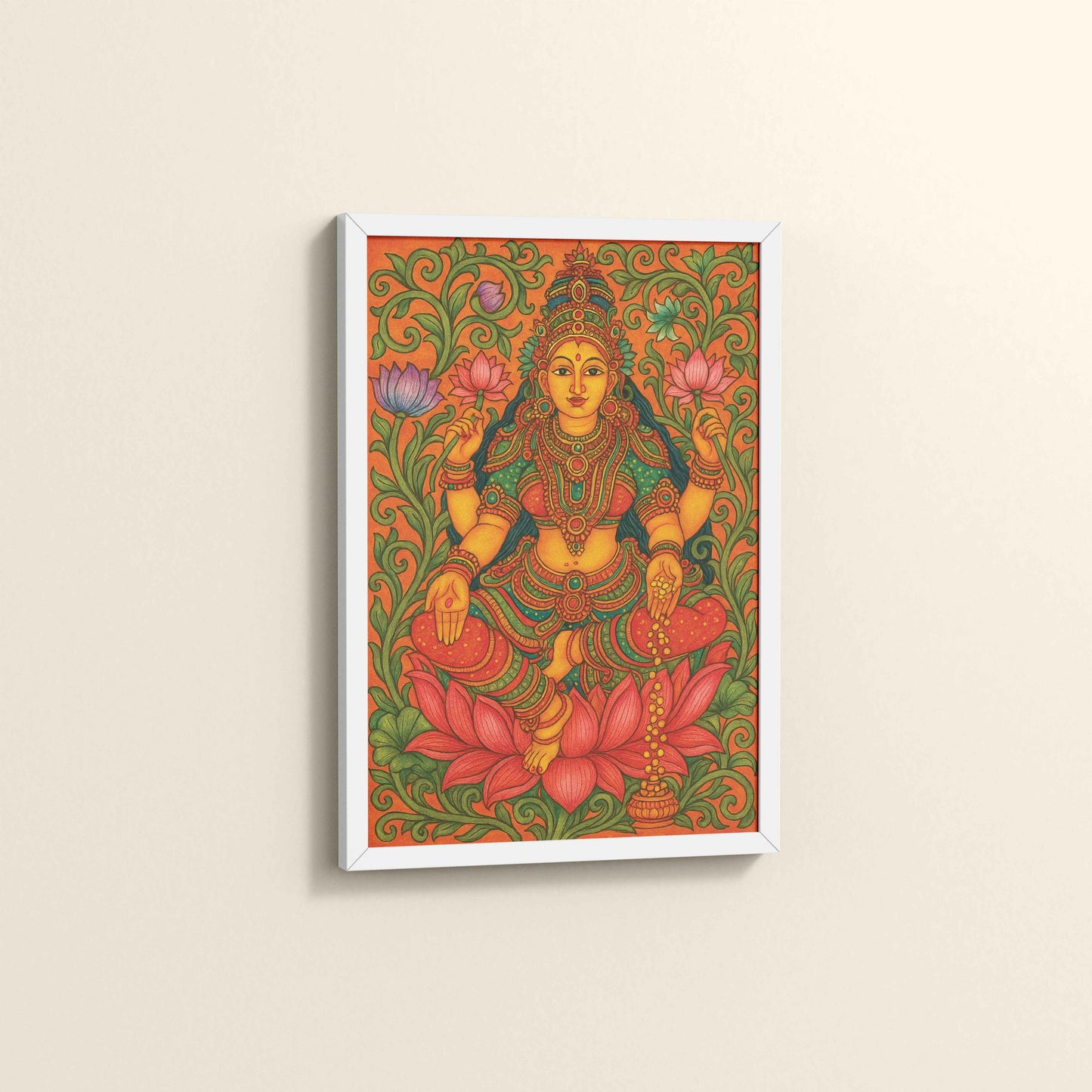Side View of Goddess Lakshmi – Kerala Mural Art and Wall Decor in White Color Frame