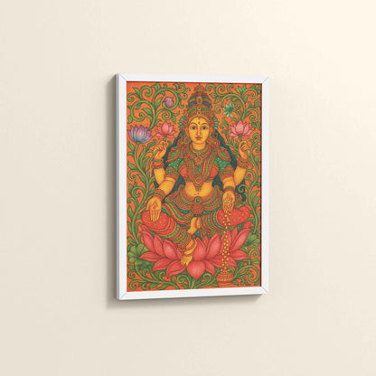 Side View of Goddess Lakshmi – Kerala Mural Art and Wall Decor in White Color Frame