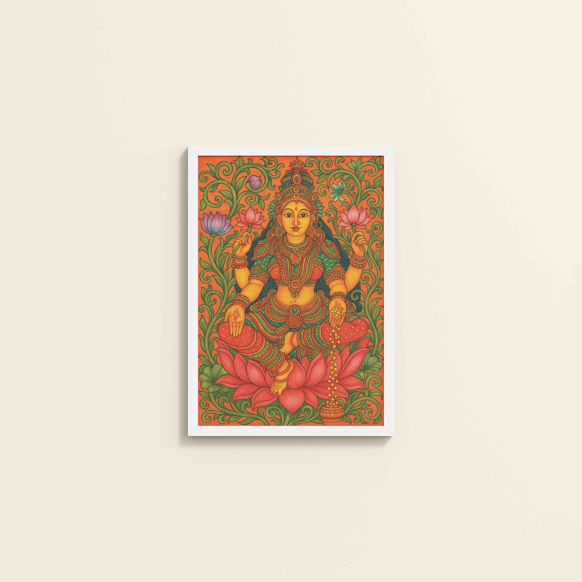 Wall View of Goddess Lakshmi – Kerala Mural Art and Wall Decor in White Color Frame