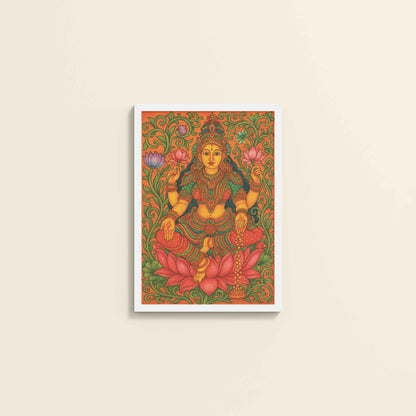 Wall View of Goddess Lakshmi – Kerala Mural Art and Wall Decor in White Color Frame