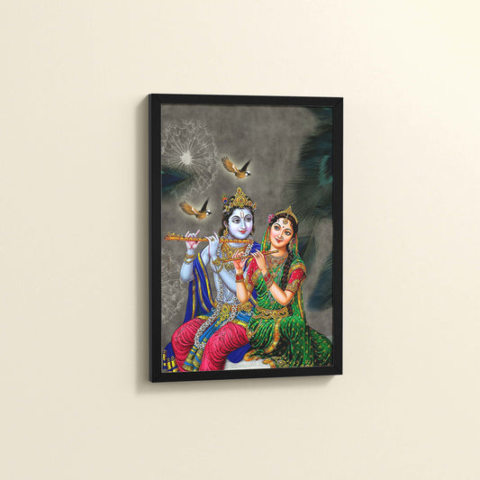 Side View of Radha Krishna Playing the Flute – Devotional Wall Art Frame in Black Color Frame