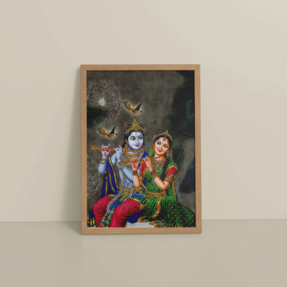 Floor View of Radha Krishna Playing the Flute – Devotional Wall Art Frame in Natrual Color Frame