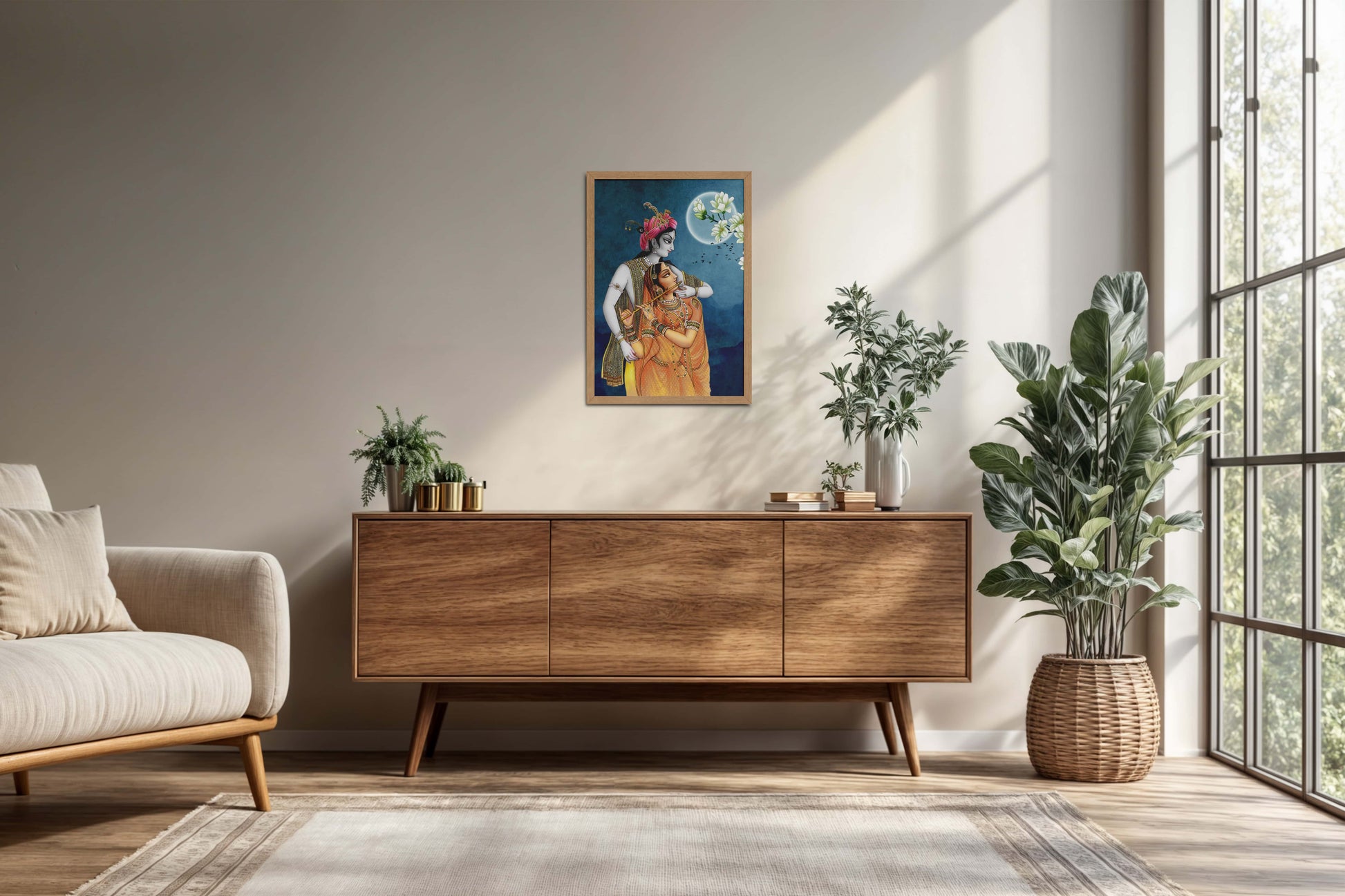 Living Room Cabinet Preview of Moonlit Melody – Radha Krishna Flute Love Wall Art & Decor in Natrual Color Frame