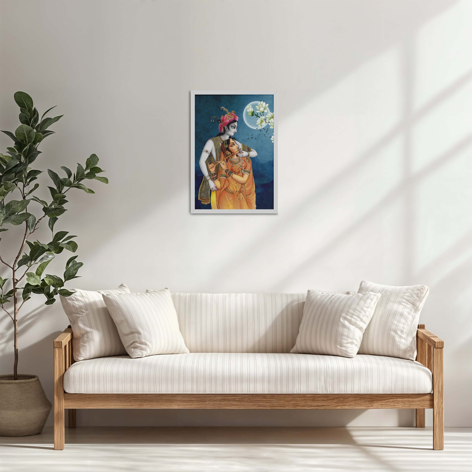 Living Room Cabinet Table Preview of Moonlit Melody – Radha Krishna Flute Love Wall Art & Decor in White Color Frame