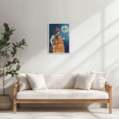 Living Room Cabinet Table Preview of Moonlit Melody – Radha Krishna Flute Love Wall Art & Decor in White Color Frame