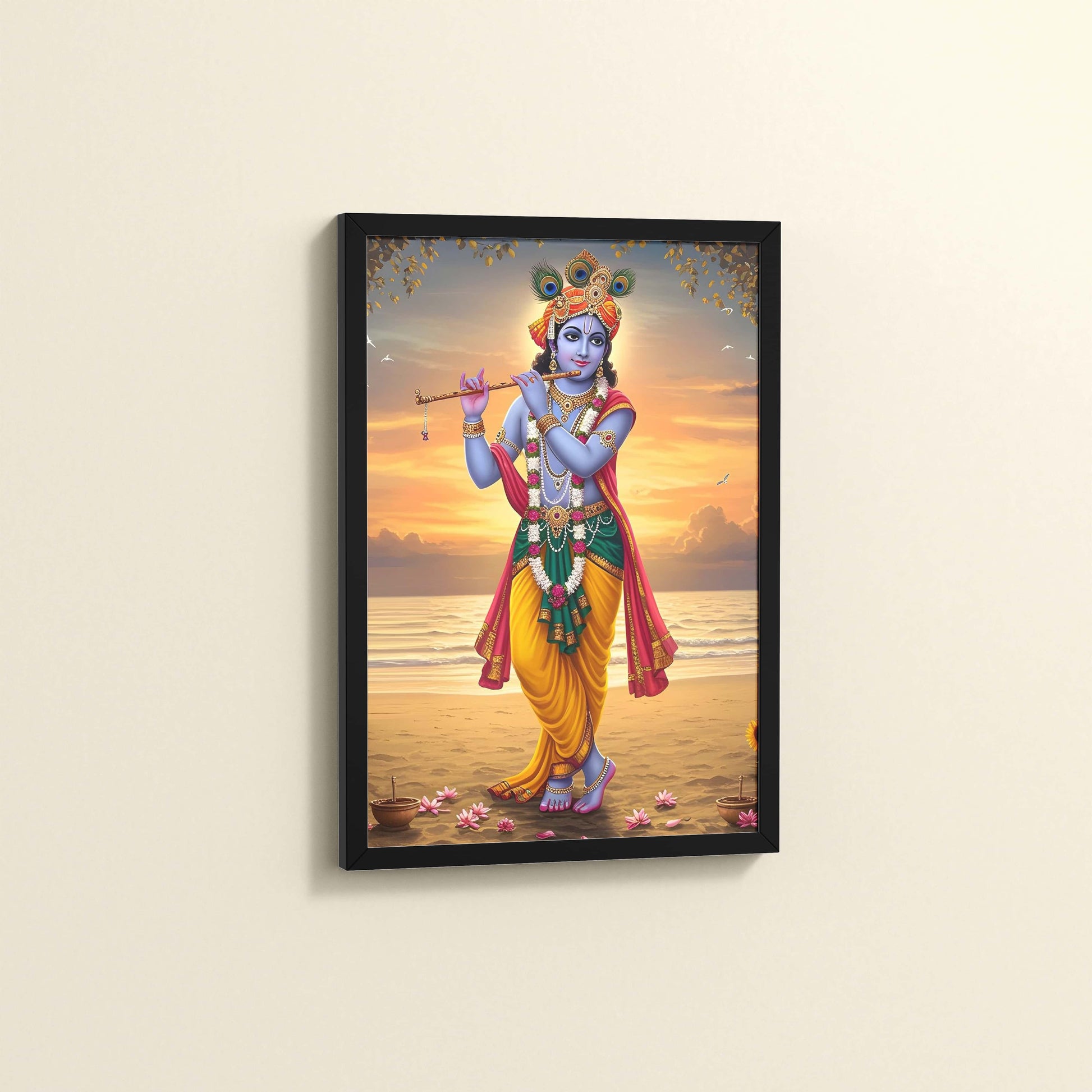 Side View of Murlidhar – Krishna Playing Flute Wall Art & Decor in Black Color Frame