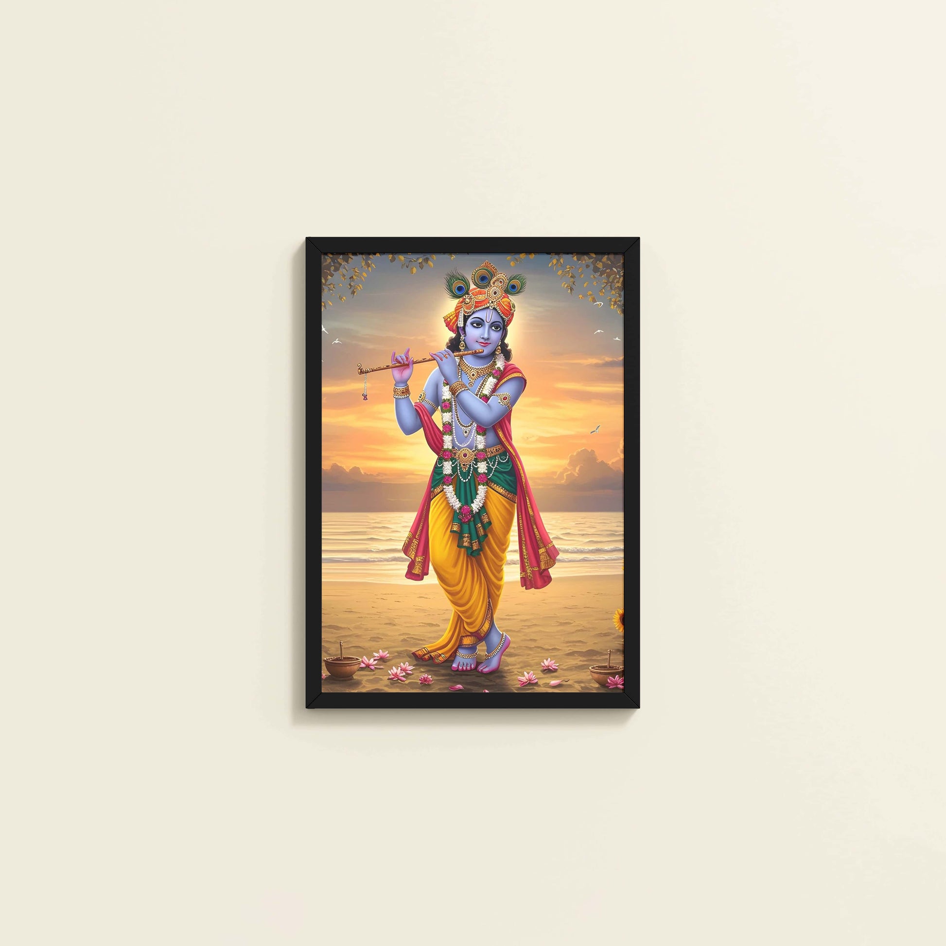 Wall View of Murlidhar – Krishna Playing Flute Wall Art & Decor in Black Color Frame