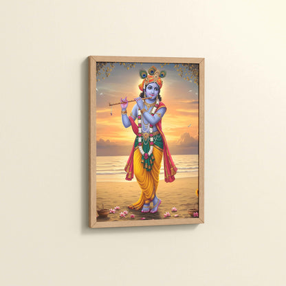 Side View of Murlidhar – Krishna Playing Flute Wall Art & Decor in Natrual Color Frame