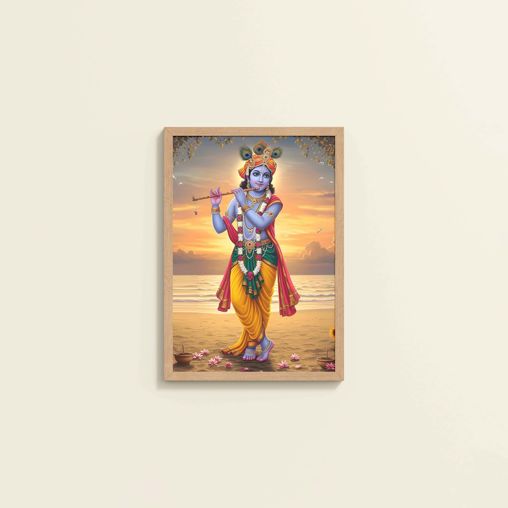 Wall View of Murlidhar – Krishna Playing Flute Wall Art & Decor in Natrual Color Frame