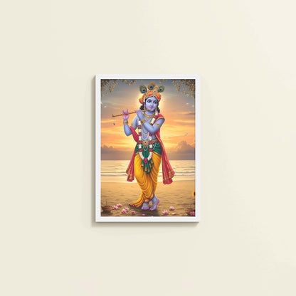 Wall View of Murlidhar – Krishna Playing Flute Wall Art & Decor in White Color Frame