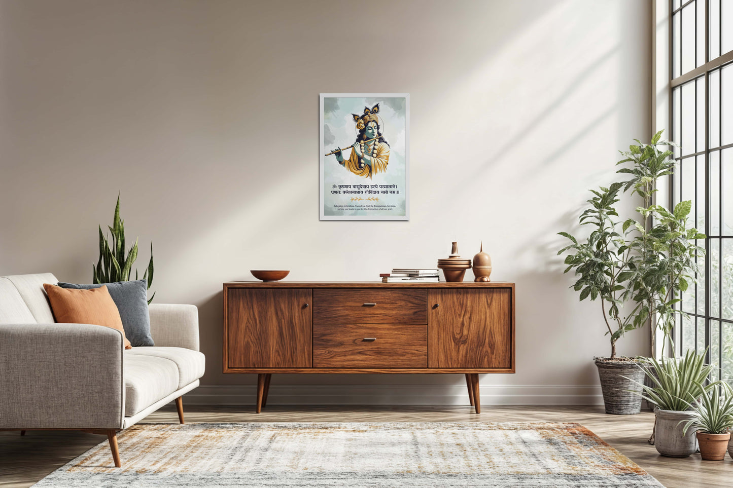 Living Room Sofa Preview of Krushnay Vasudevaya – Devotional Krishna Wall Art in White Color Frame