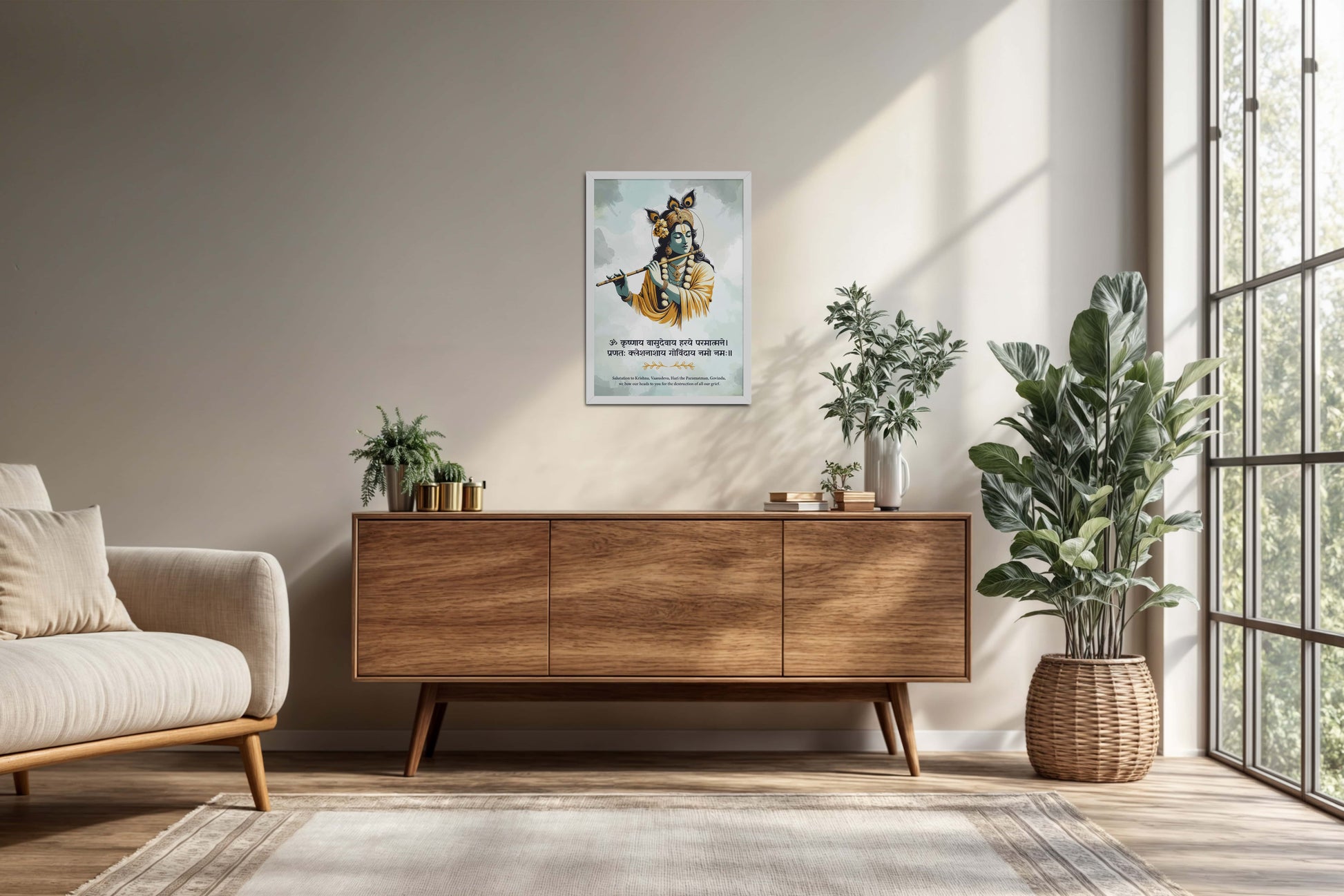 Living Room Cabinet Preview of Krushnay Vasudevaya – Devotional Krishna Wall Art in White Color Frame
