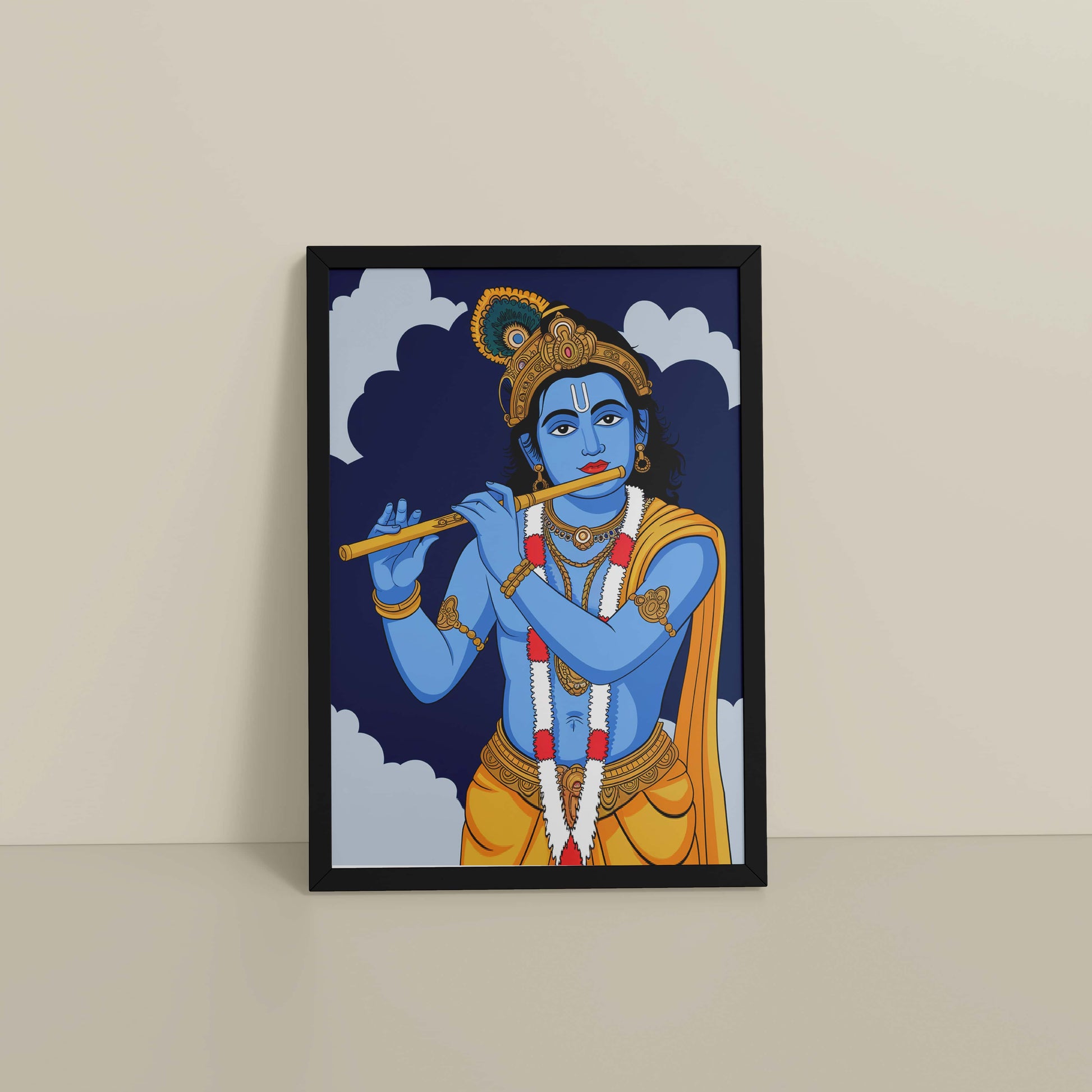 Floor View of Divine Melody – Krishna Playing the Flute Wall Art in Black Color Frame
