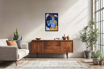 Living Room Sofa Preview of Divine Melody – Krishna Playing the Flute Wall Art in Black Color Frame