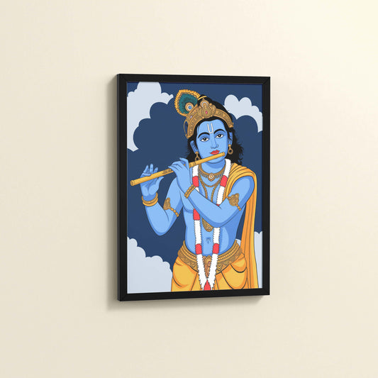 Side View of Divine Melody – Krishna Playing the Flute Wall Art in Black Color Frame